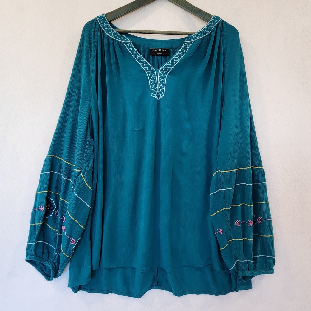 Lane Bryant Womens 22 Teal Blue Embroidered Peasant‎ Blouse Long Sleeve Boho Top